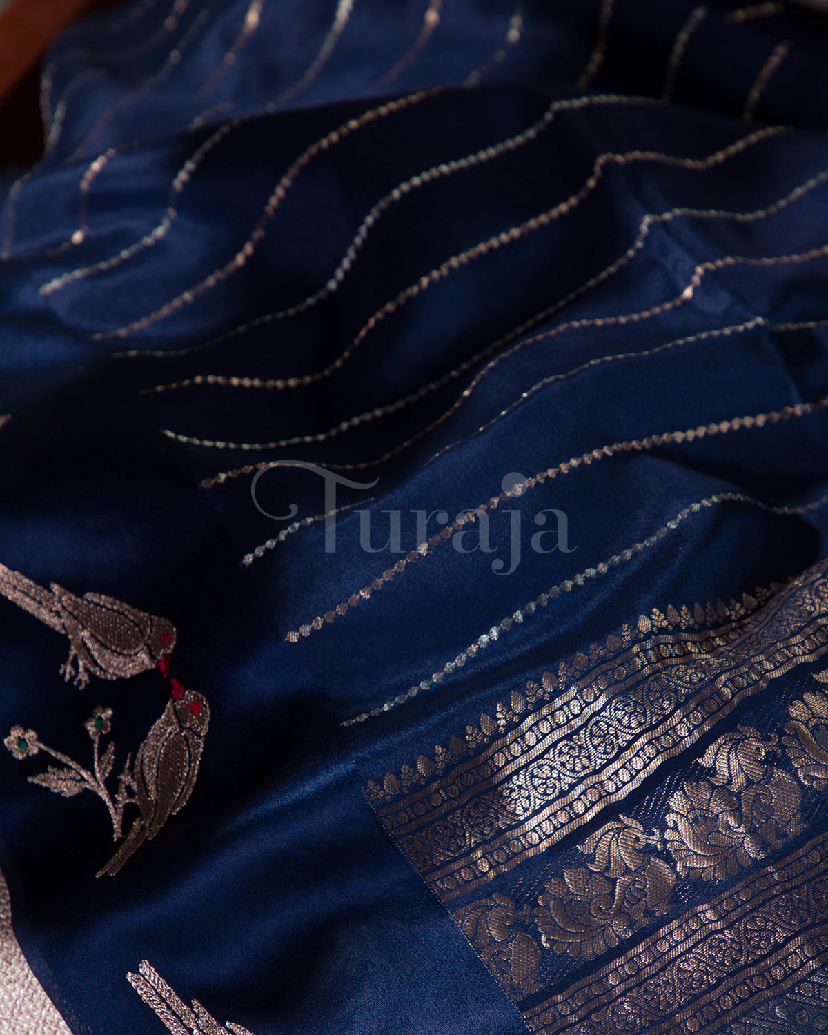 Rustic Bird: Navy Blue Mysore Crepe Silk Saree