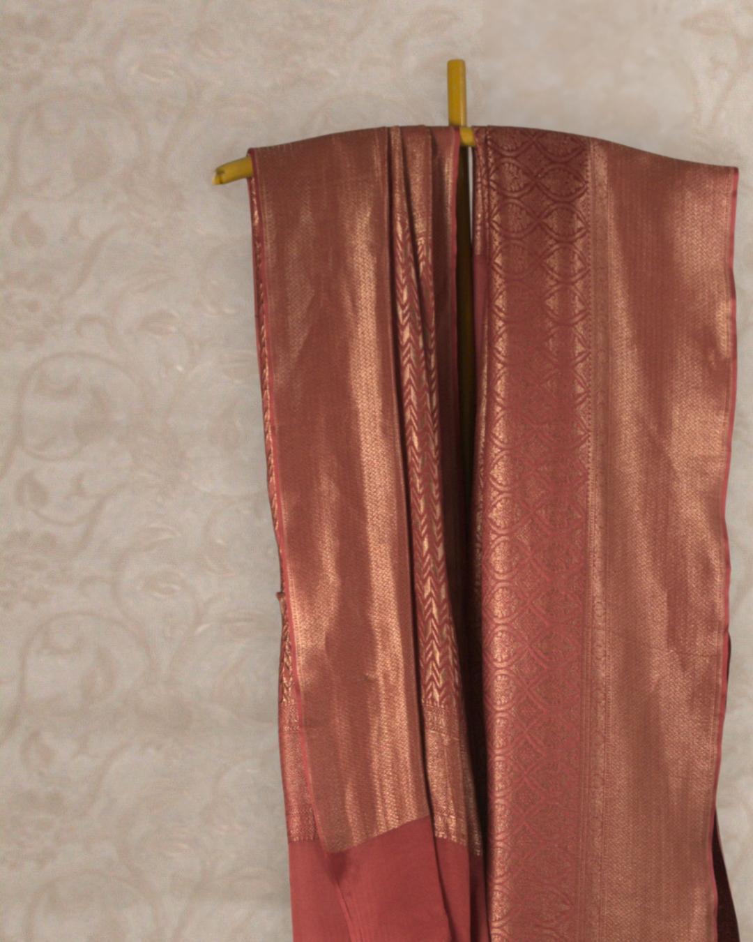 Saanjh : Rust Orange Brocade Mysore Crepe Silk Saree