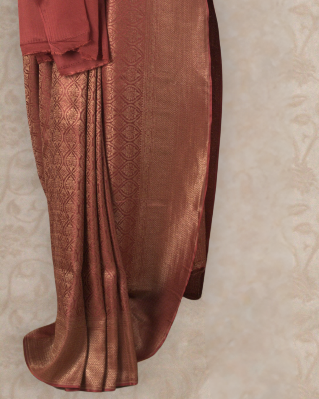 Saanjh : Rust Orange Brocade Mysore Crepe Silk Saree