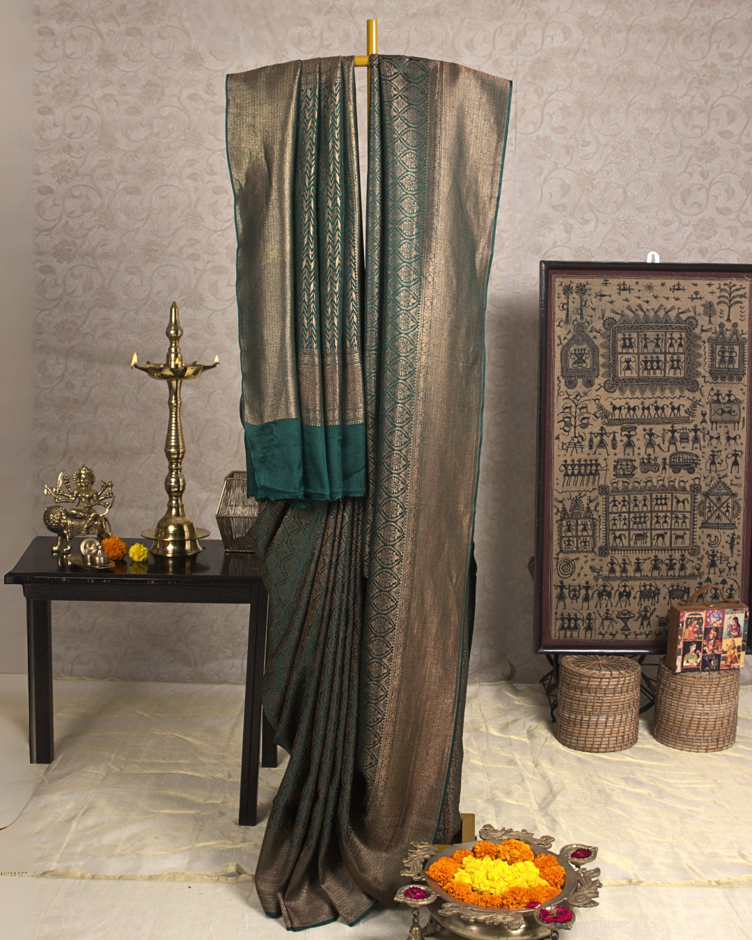 Saanjh: Bottle Green Brocade Mysore Crepe Silk Saree