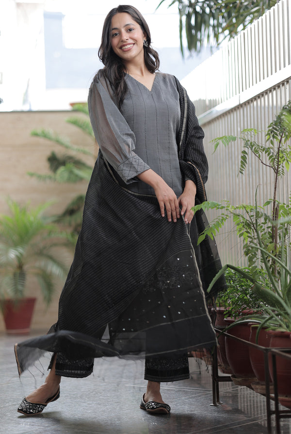 Grey Chanderi Suit Set
