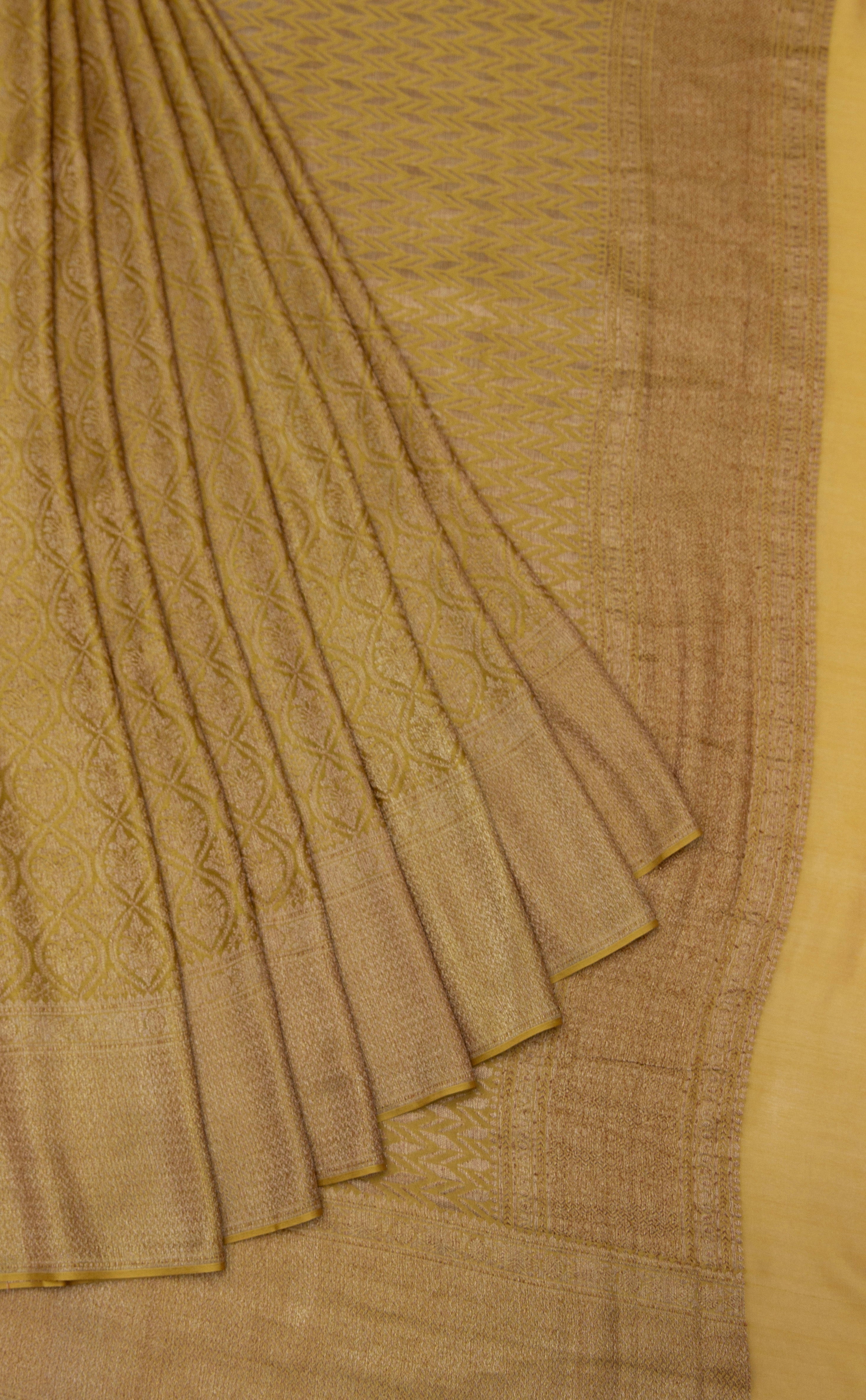 Saanjh: Mustard Yellow Brocade Mysore Crepe Silk Saree