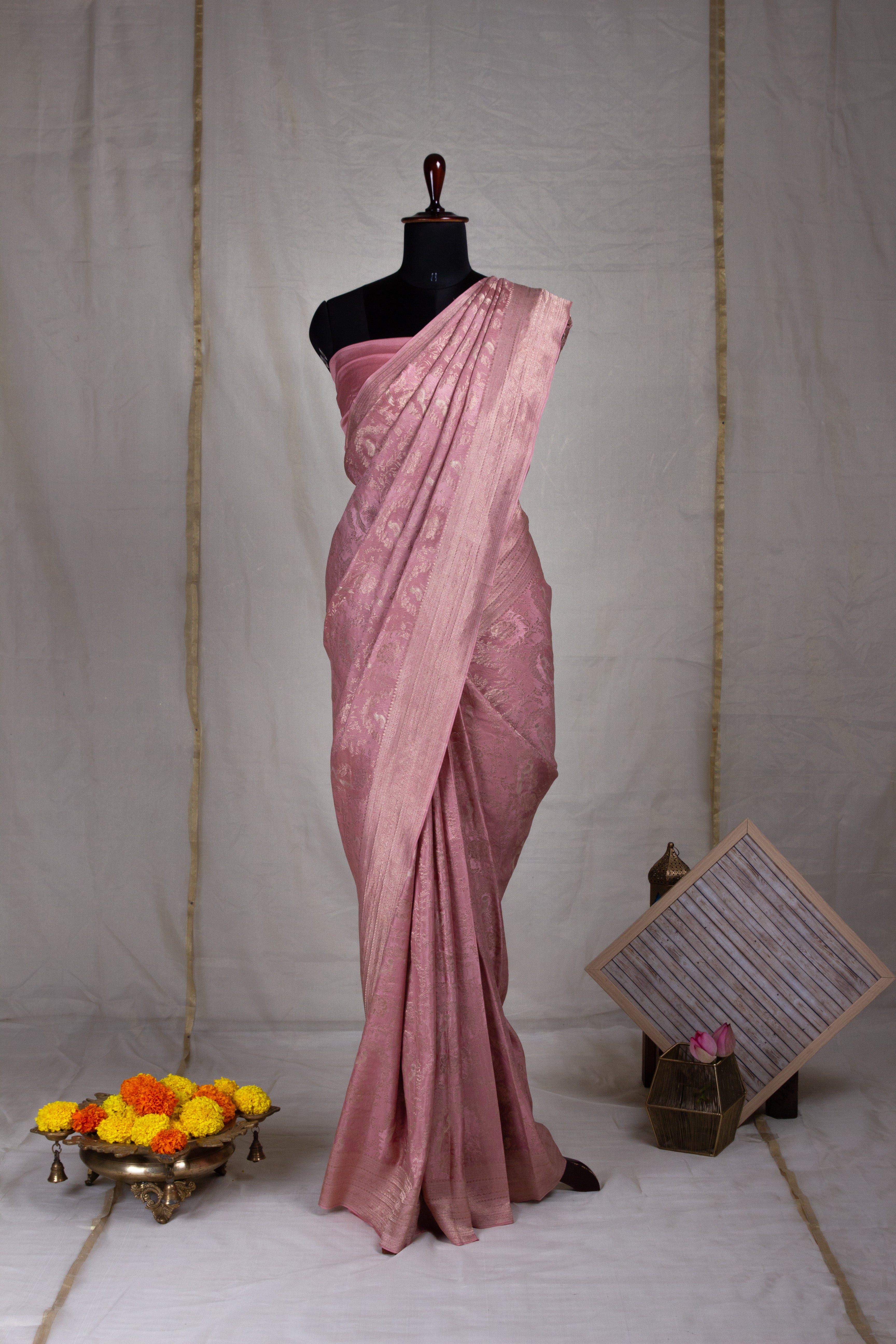 Jangla: Peach Pink Brocade Mysore Crepe Silk Saree