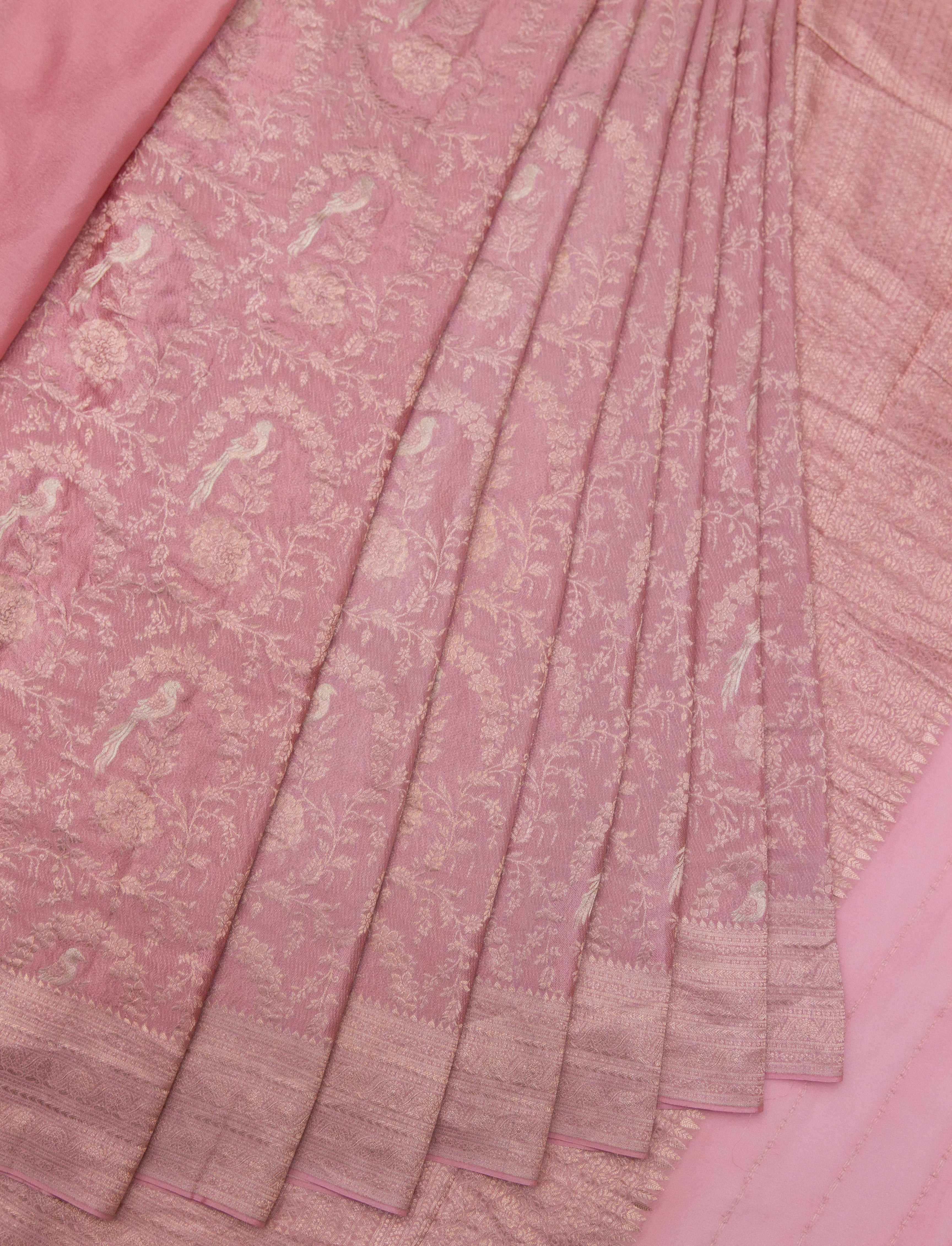 Jangla: Peach Pink Brocade Mysore Crepe Silk Saree