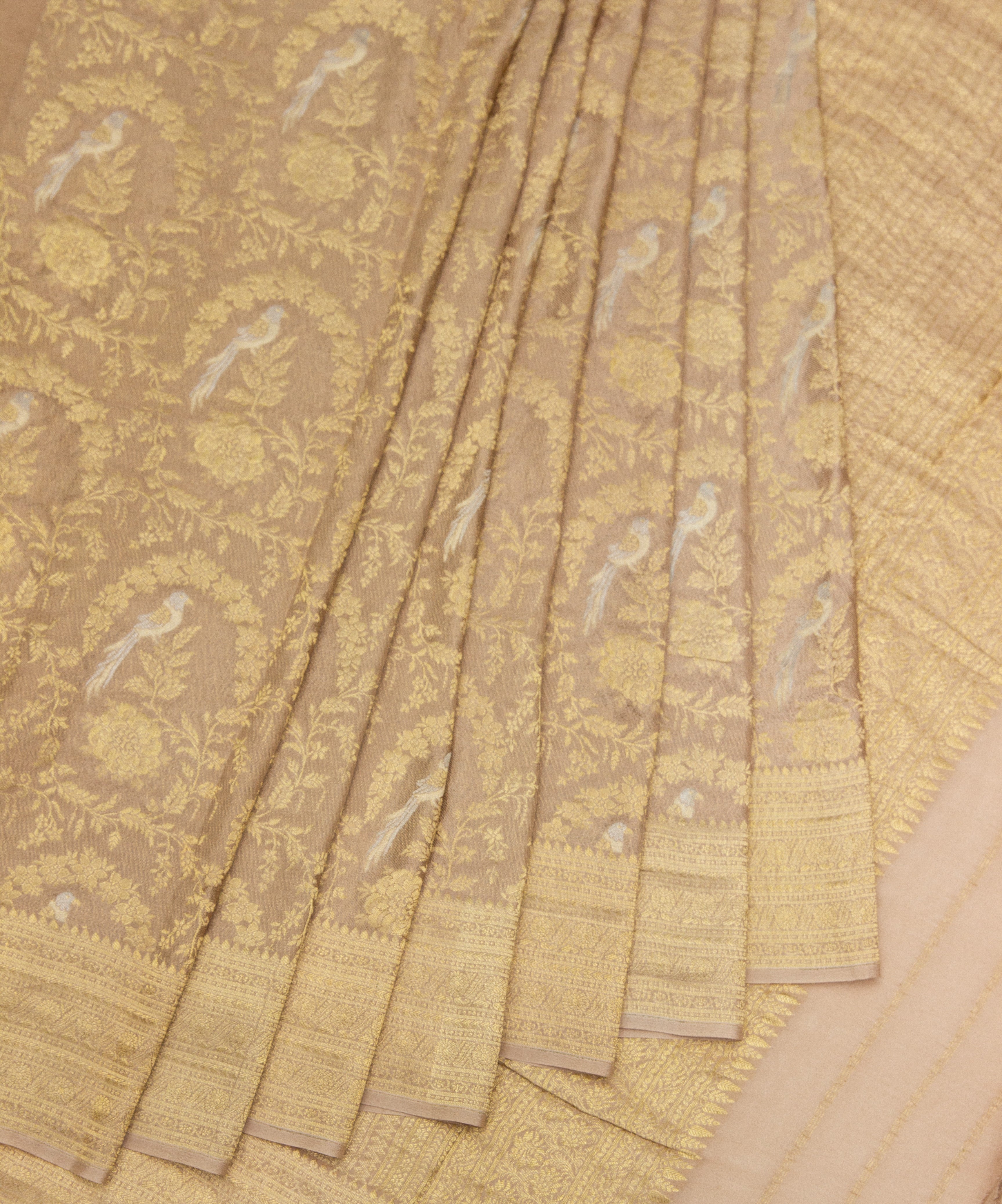 Jangla: Beige Brocade Mysore Crepe Silk Saree