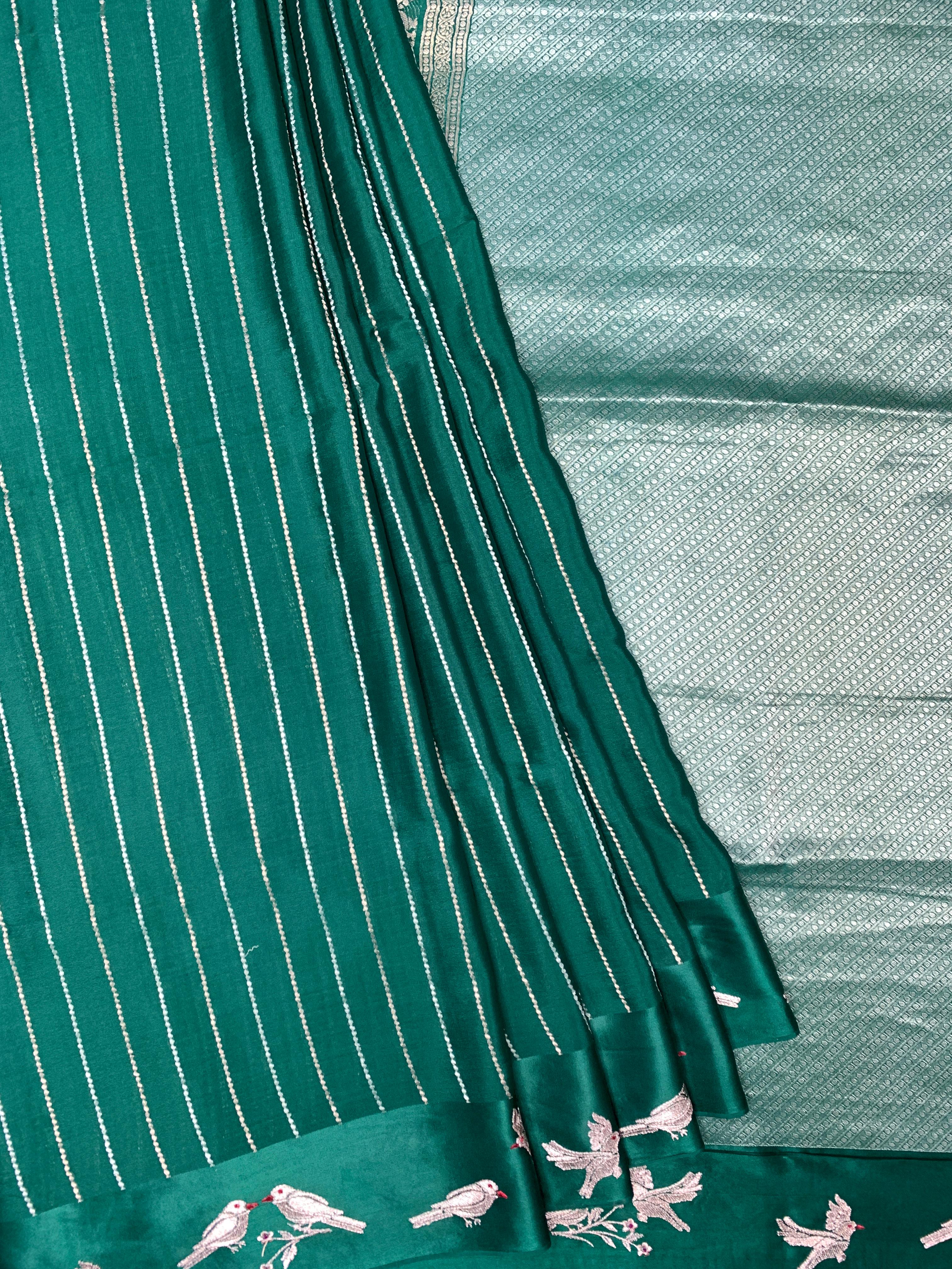 Rustic Bird: Green Mysore Crepe Silk Saree
