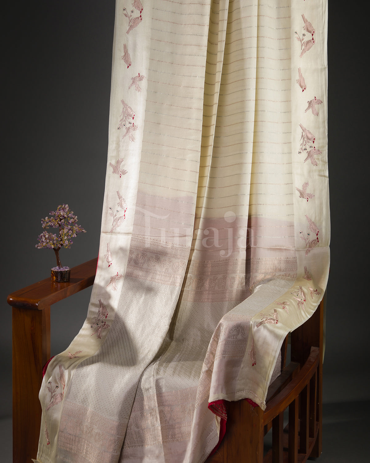 Rustic Bird: White Mysore Crepe Silk Saree