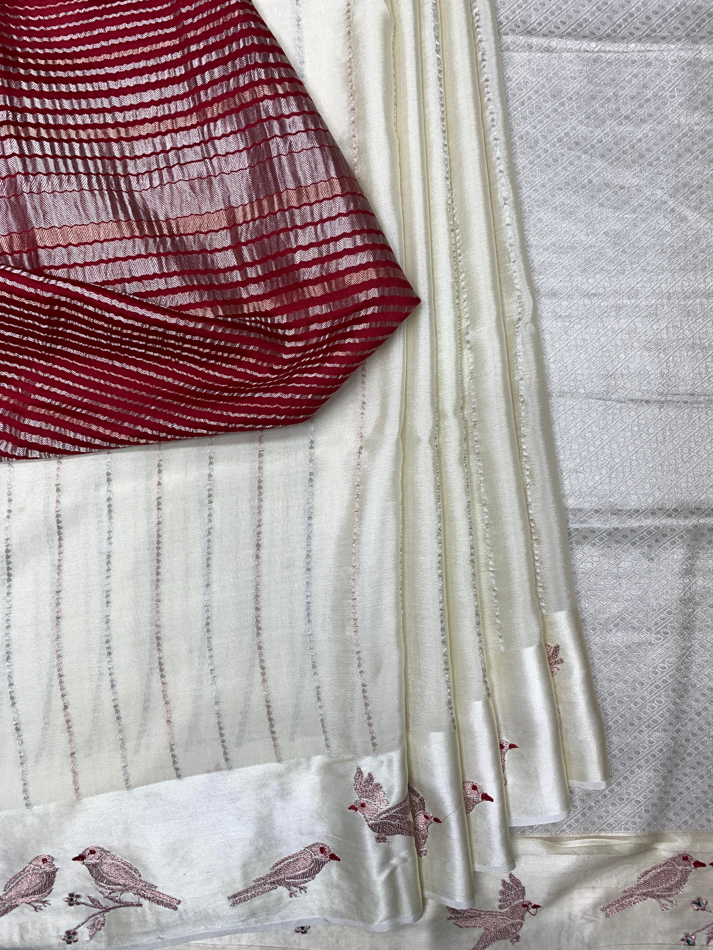 Rustic Bird: White Mysore Crepe Silk Saree