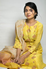 A women wearing yellow pure chanderi salwar suit, Indian wear for women