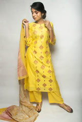 A women wearing yellow pure chanderi salwar suit, Indian wear for women