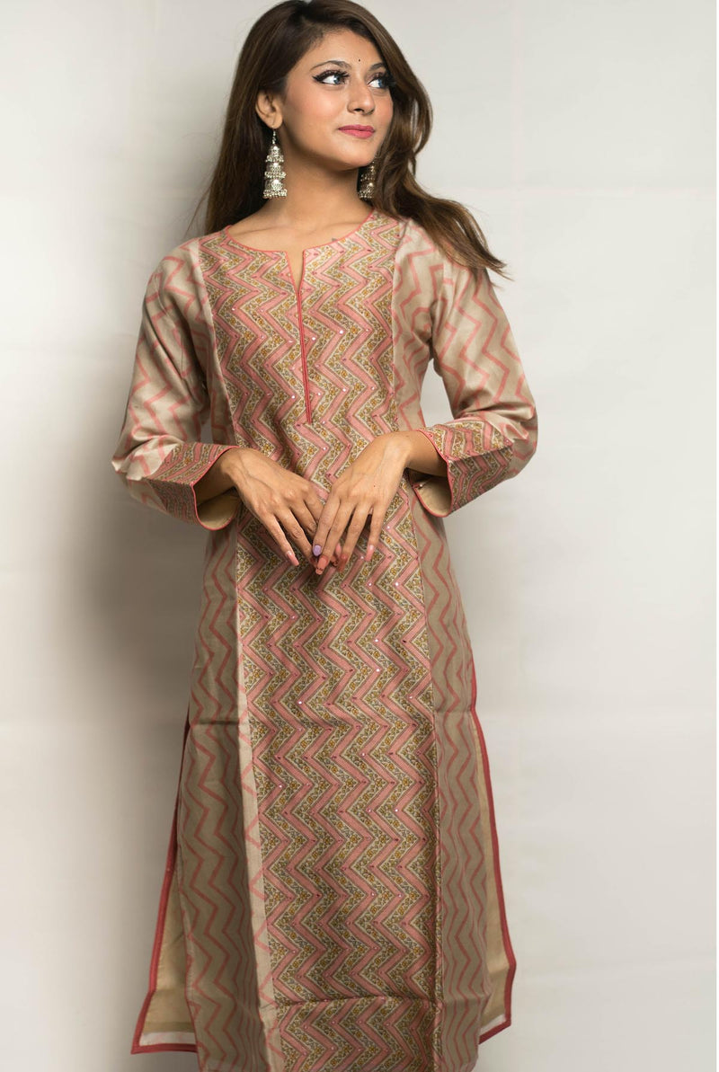 A women wearing beige chanderi printed kurti, ethnic wear for women