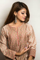 A women wearing beige chanderi printed kurti, ethnic wear for women