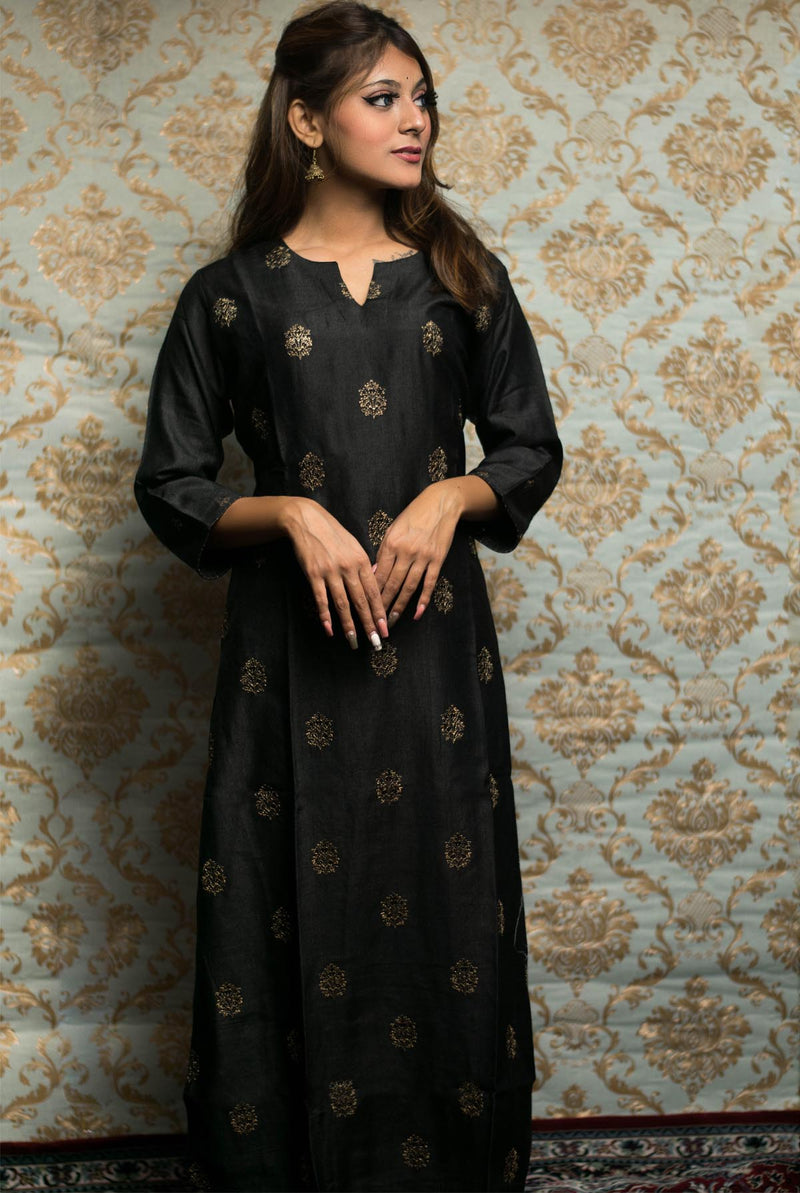 A women wearing black pure chanderi embroidered kurti, ethnic wear for women