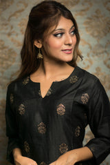 A women wearing black pure chanderi embroidered kurti, ethnic wear for women