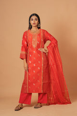 A women wearing red woven chanderi salwar suit, Indian wear for women