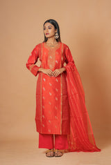 A women wearing red woven chanderi salwar suit, Indian wear for women