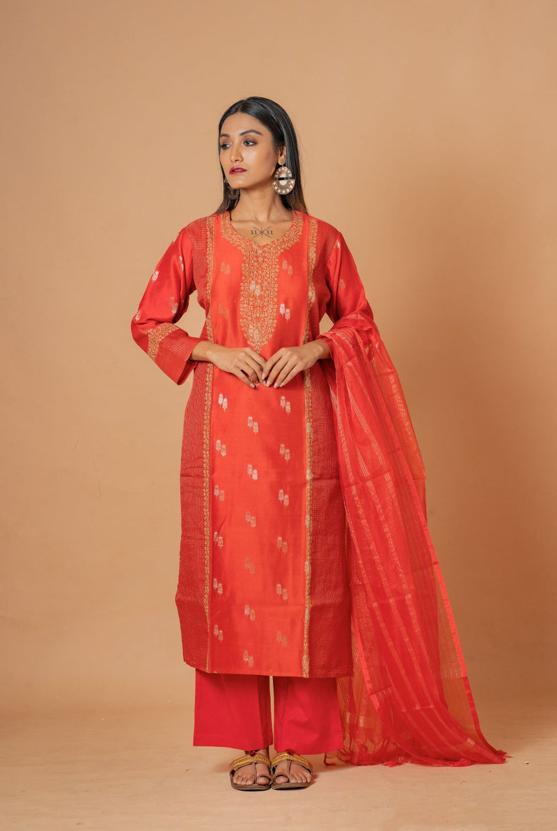 A women wearing red woven chanderi salwar suit, Indian wear for women
