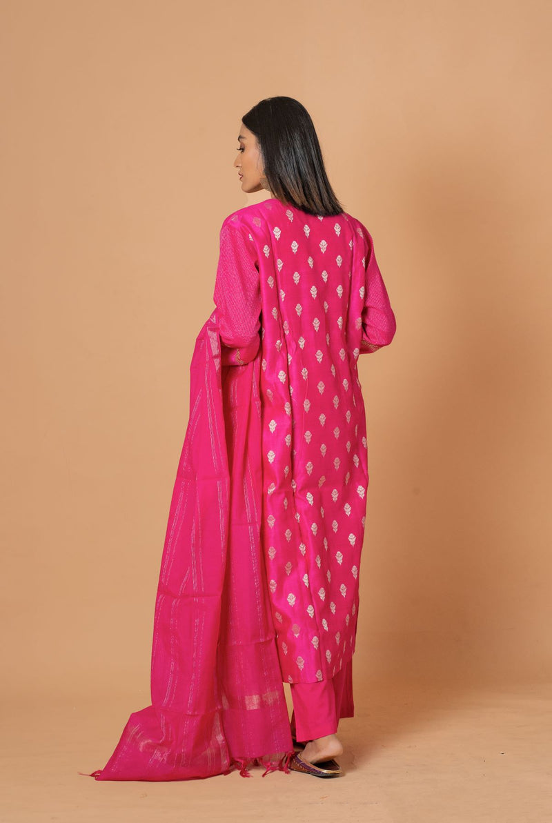 A women wearing rani woven chanderi suit set with dupatta, party wear for women
