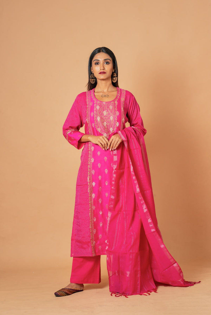 A women wearing rani woven chanderi suit set with dupatta, party wear for women