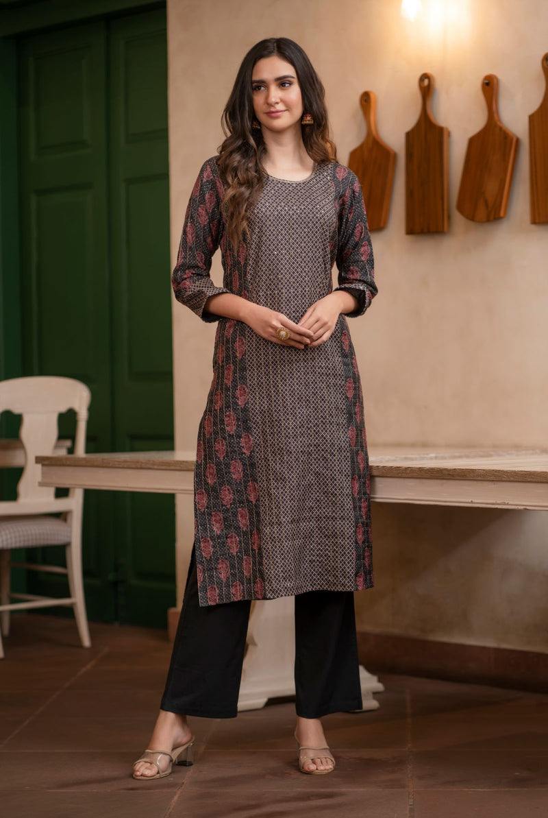 A women wearing charcoal grey pure chanderi kurti, ethnic wear for women