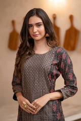 A women wearing charcoal grey pure chanderi kurti, ethnic wear for women
