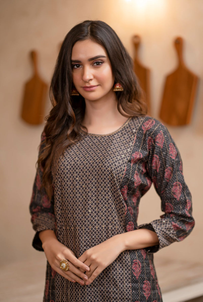 A women wearing charcoal grey pure chanderi kurti, ethnic wear for women