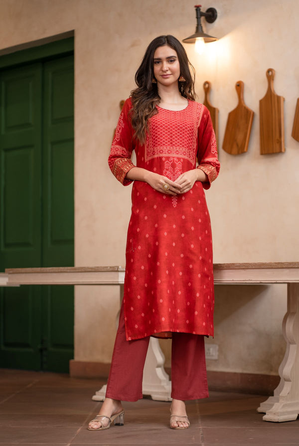 A women wearing red pure chanderi kurti, ethnic wear for women