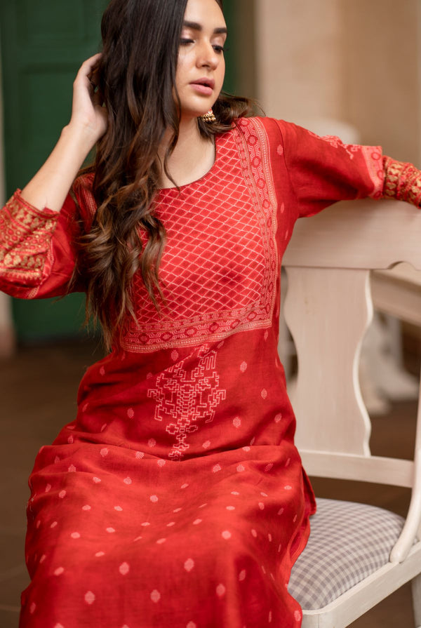 A women wearing red pure chanderi kurti, ethnic wear for women