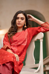 A women wearing red pure chanderi kurti, ethnic wear for women