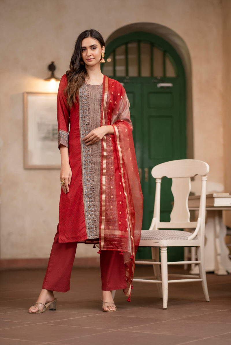 A women wearing red printed pure chanderi salwar suit, ethnic wear for women