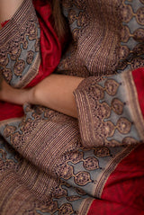 A women wearing red printed pure chanderi salwar suit, ethnic wear for women