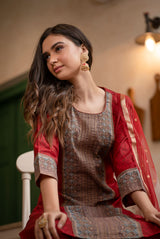 A women wearing red printed pure chanderi salwar suit, ethnic wear for women