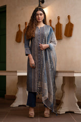 A women wearing greyish pure chanderi suit set, ethnic wear for women 