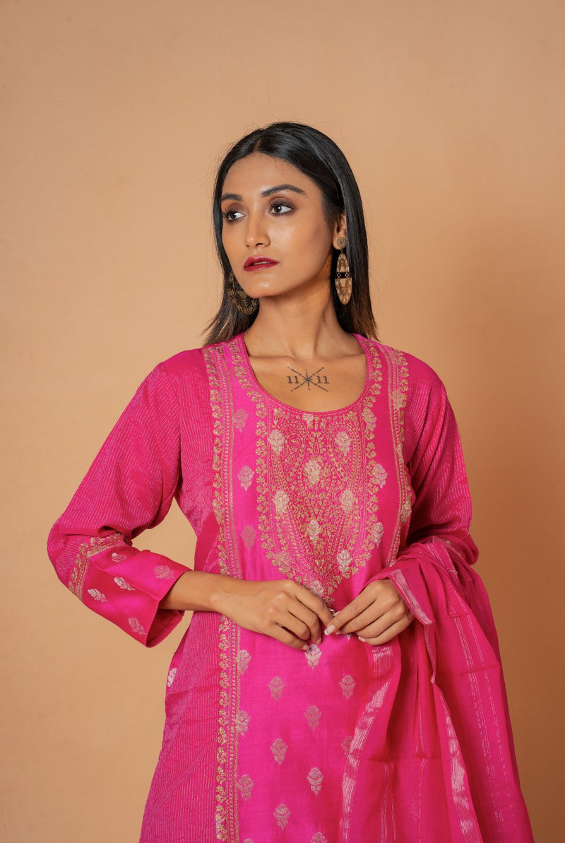 A women wearing rani woven chanderi suit set with dupatta, party wear for women