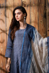 A women wearing prussian blue pure chanderi salwar suit, Indian wear for women