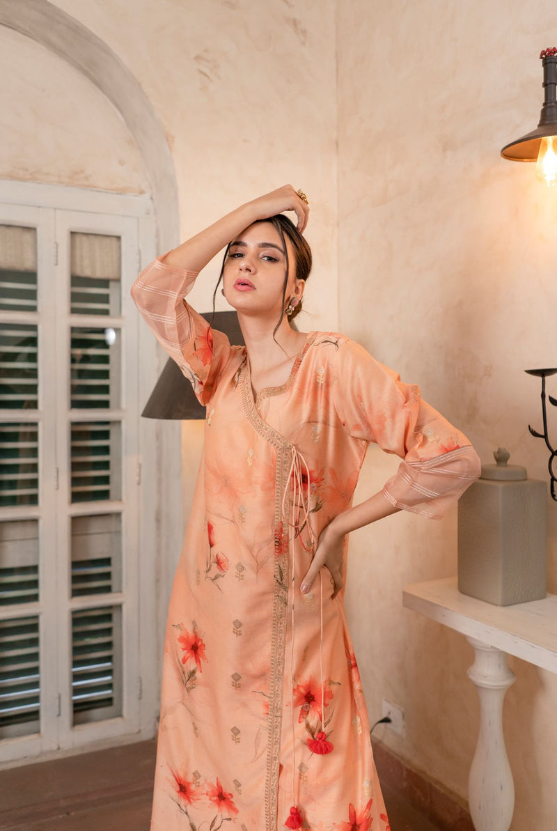 A women wearing peach pure chanderi angrakha, ethnic wear for women