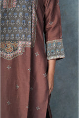 A women wearing chocolate brown pure chanderi printed kurti, ethnic wear for women