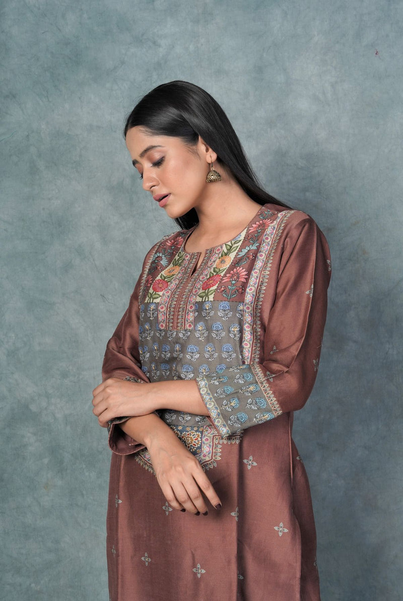 A women wearing chocolate brown pure chanderi printed kurti, ethnic wear for women