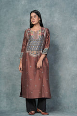 A women wearing chocolate brown pure chanderi printed kurti, ethnic wear for women