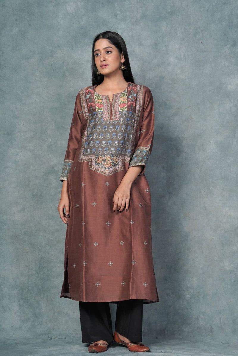 A women wearing chocolate brown pure chanderi printed kurti, ethnic wear for women