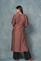 A women wearing chocolate brown pure chanderi printed kurti, ethnic wear for women