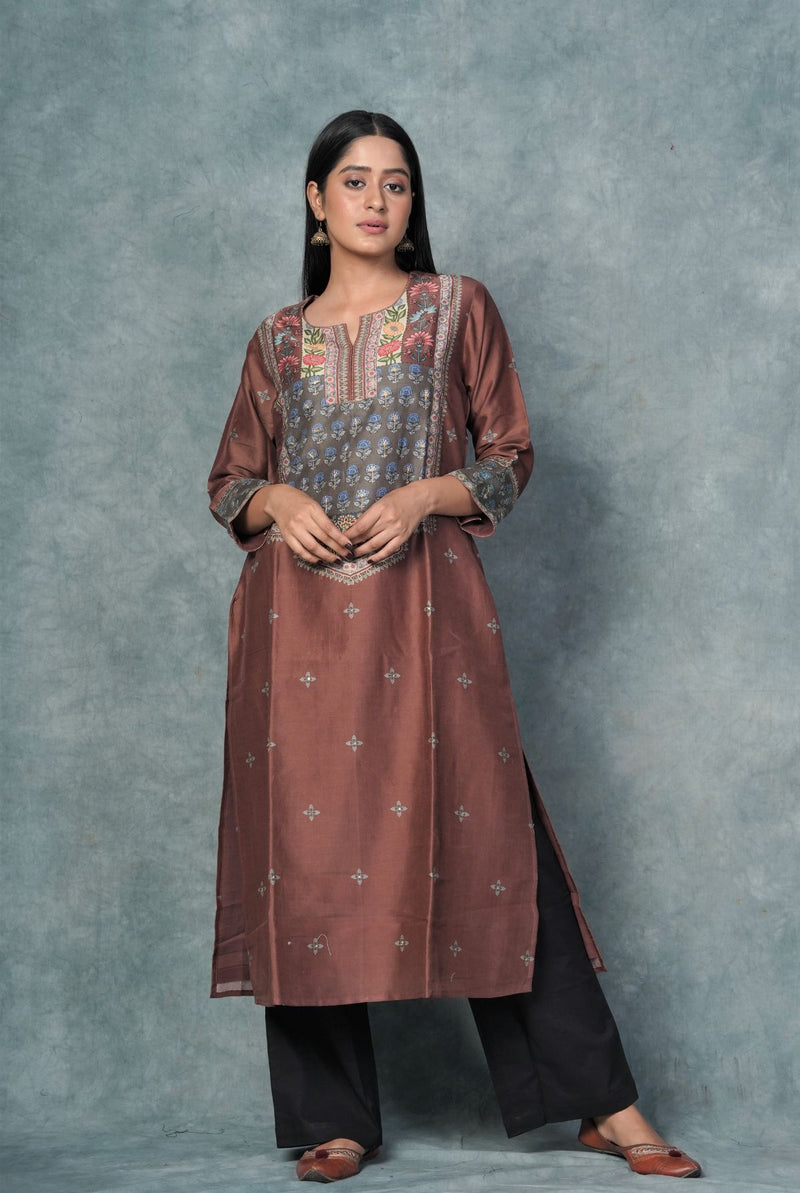 A women wearing chocolate brown pure chanderi printed kurti, ethnic wear for women