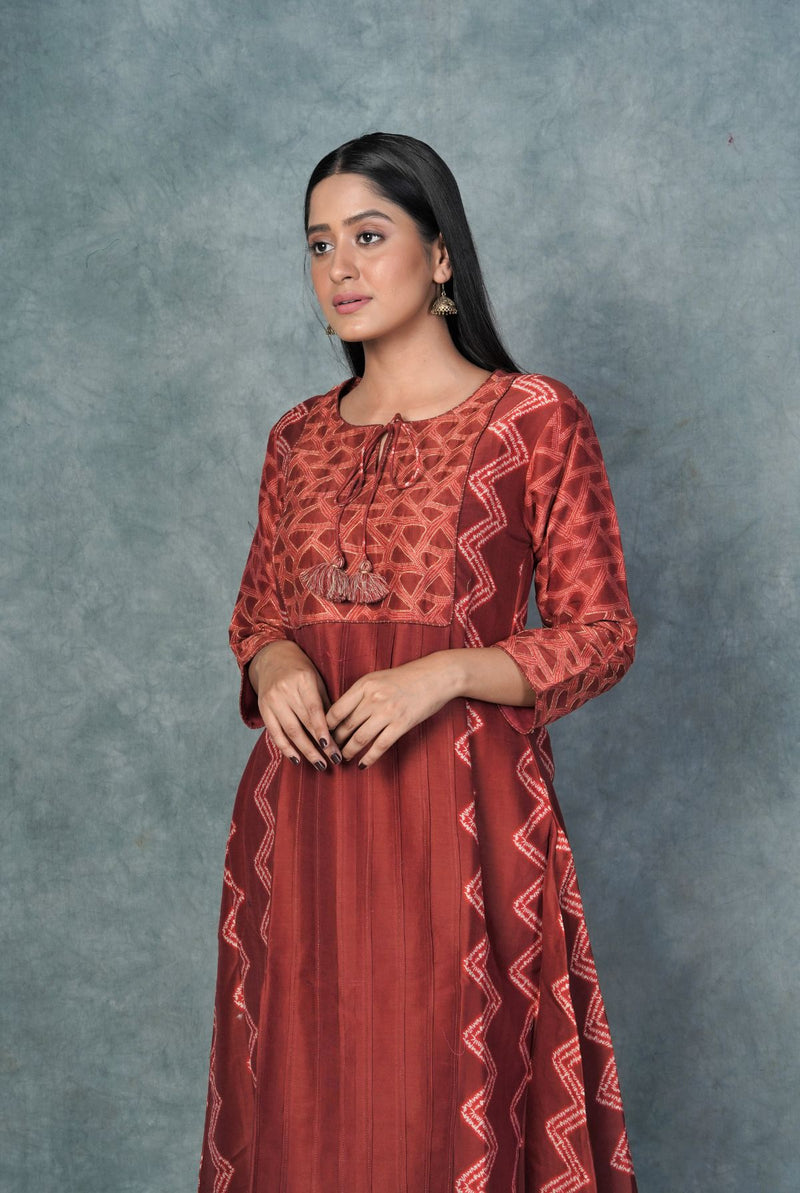 A women wearing brick red printed pure chanderi kurti, ethnic wear for women