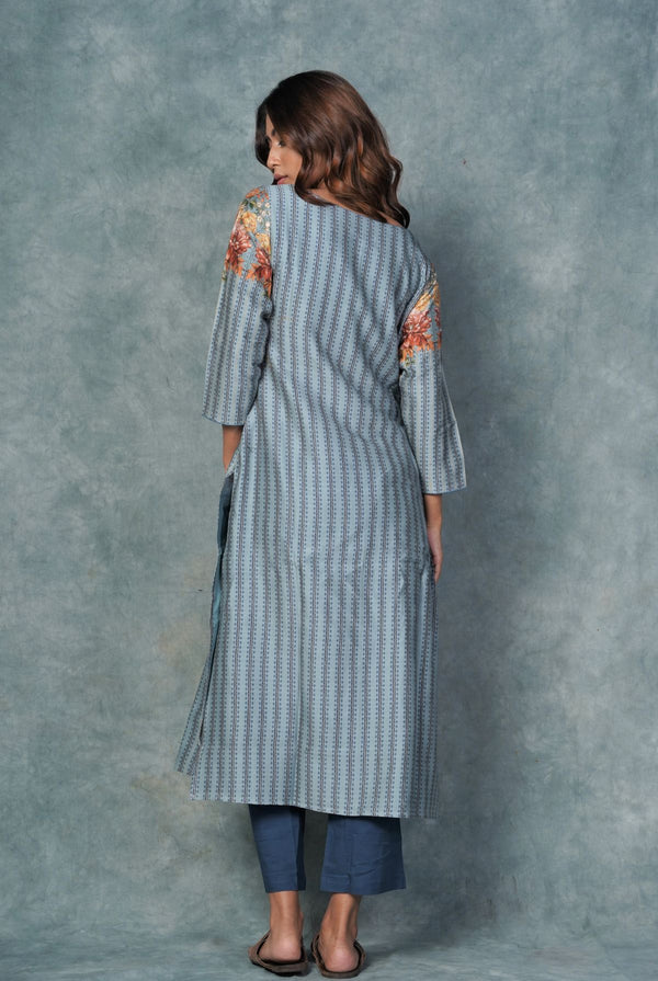 A women wearing sky blue pure chanderi printed kurti, ethnic wear for women