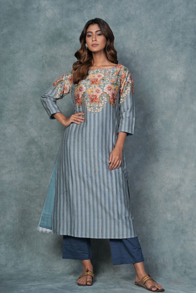 A women wearing sky blue pure chanderi printed kurti, ethnic wear for women