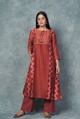 A women wearing brick red printed pure chanderi kurti, ethnic wear for women