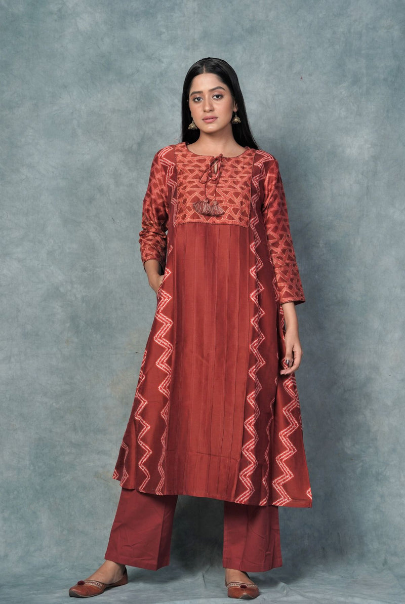 A women wearing brick red printed pure chanderi kurti, ethnic wear for women