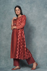 A women wearing brick red printed pure chanderi kurti, ethnic wear for women