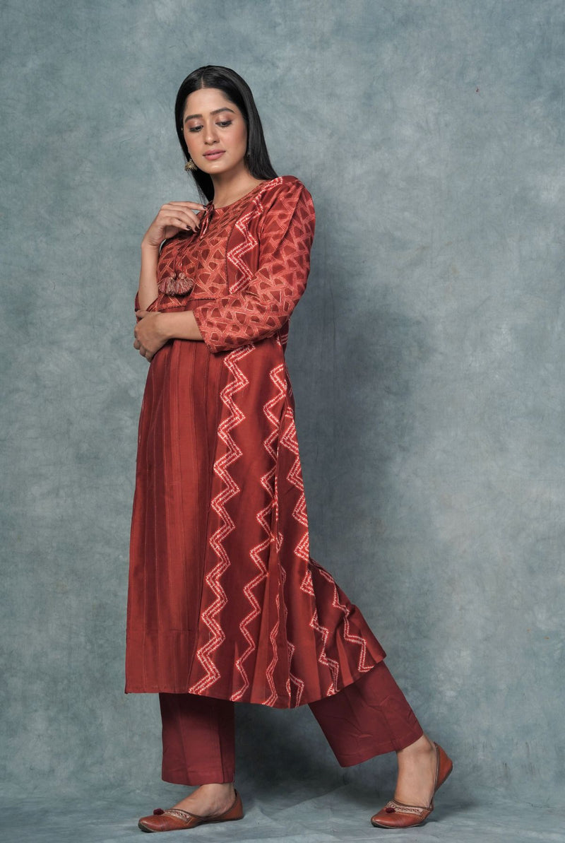 A women wearing brick red printed pure chanderi kurti, ethnic wear for women