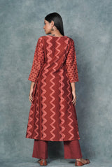 A women wearing brick red printed pure chanderi kurti, ethnic wear for women